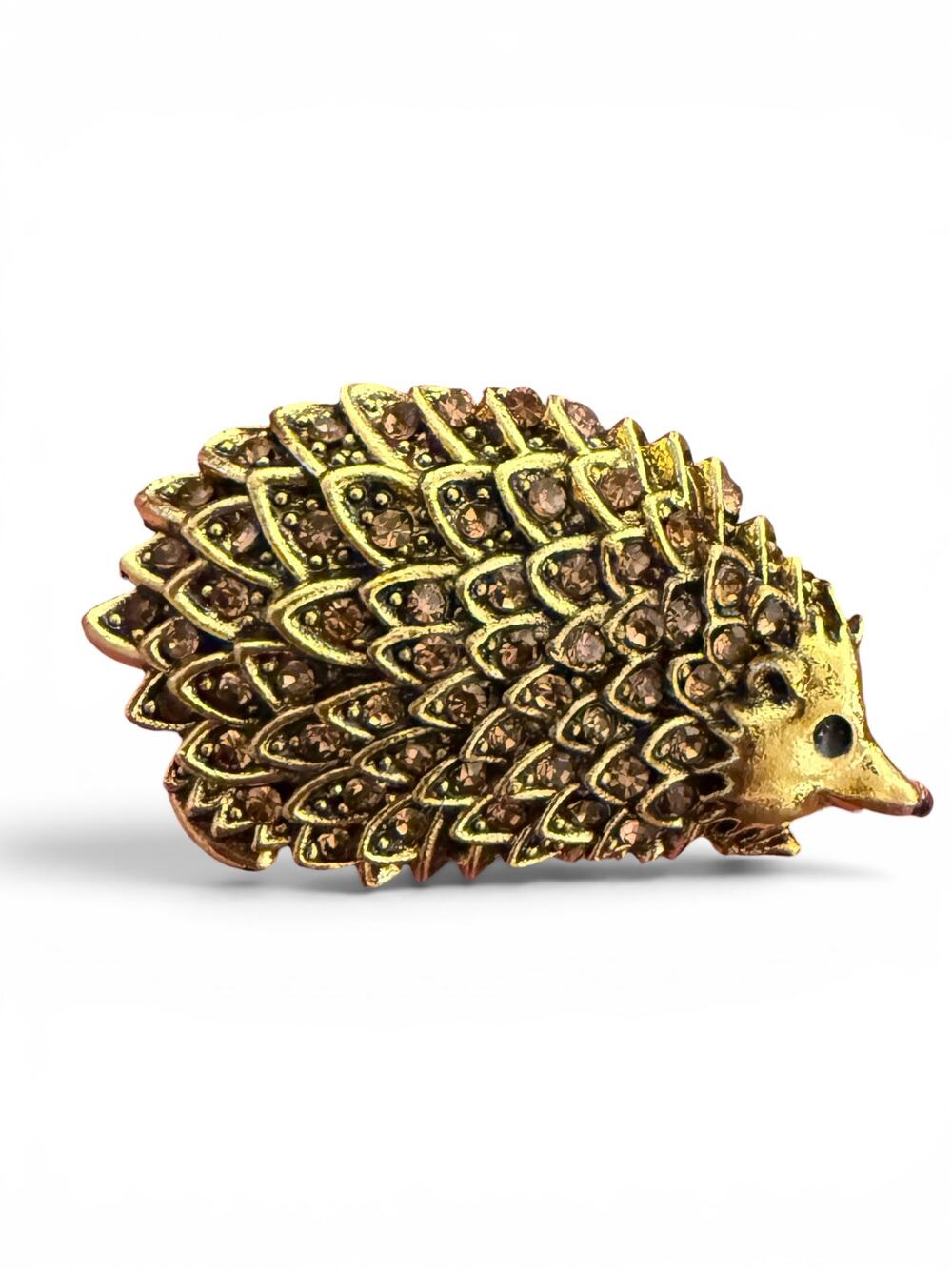 Gold Tone Rhinestone Hedgehog Brooch Brown Crystal Woodland Animal Pin